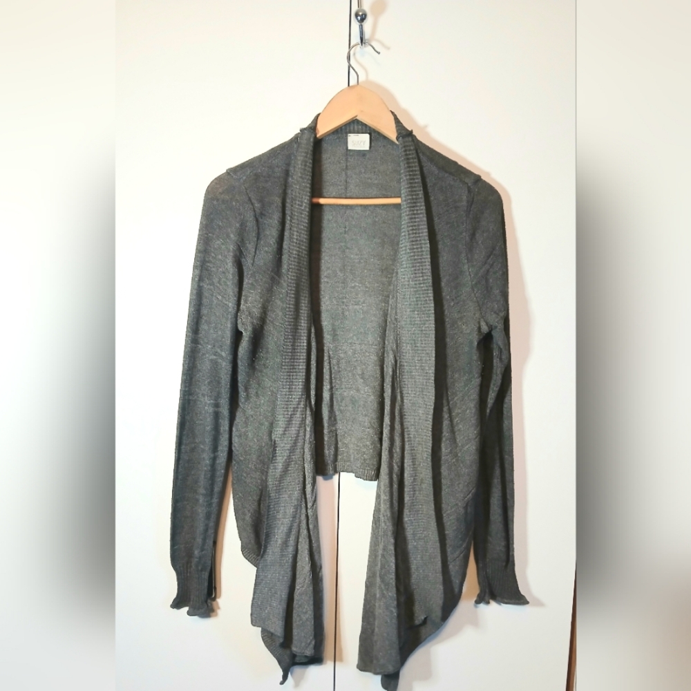 Suzy Shier Draped Cascade Cardigan | Dark Grey | Open Front | L/XL